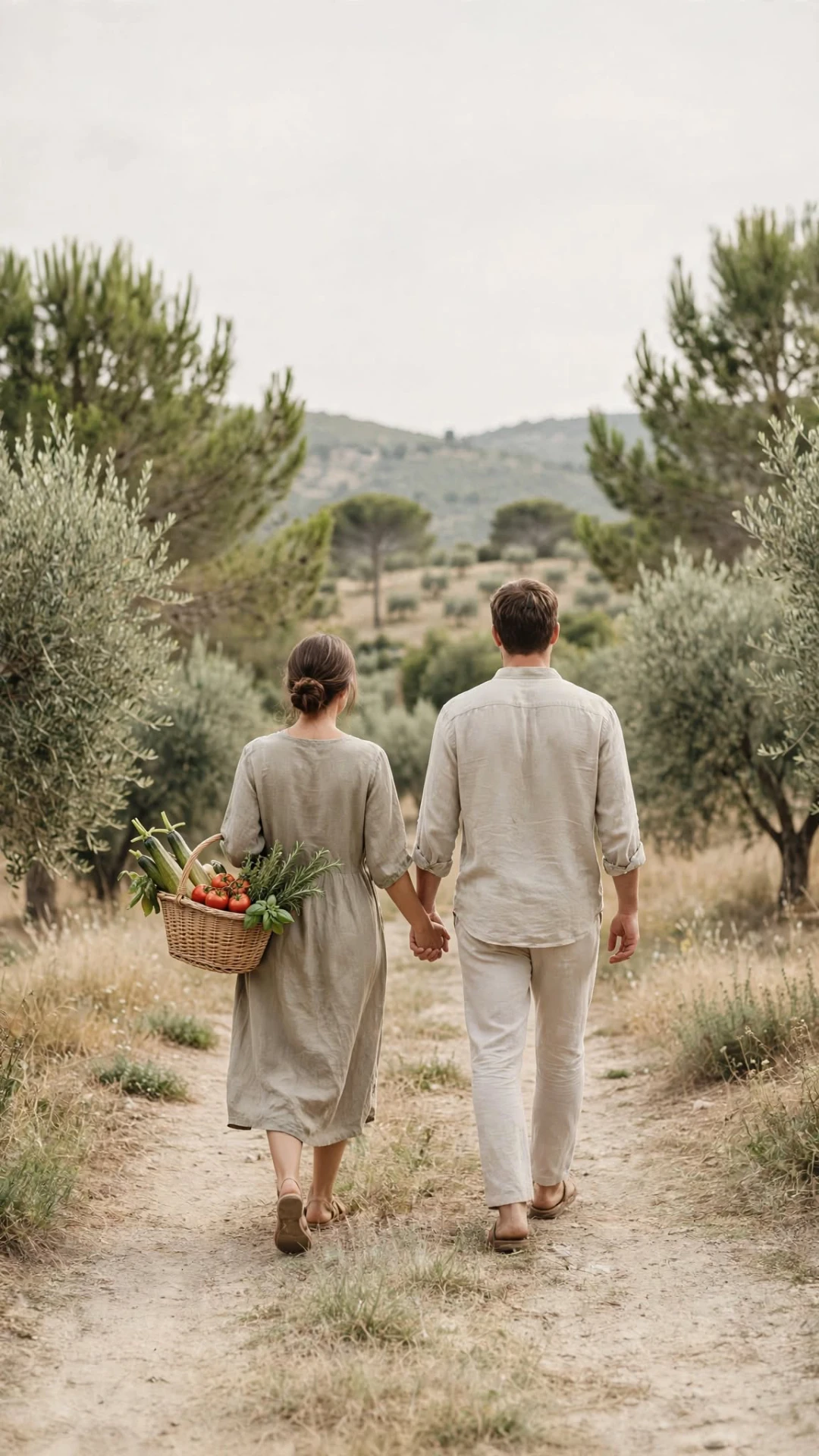 Couple marchant dans la lavande vers un village provençal au bord de la mer